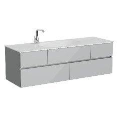 Vitra Memoria 66717 Lavabo Dolabı 150 cm, Seramik Lavabolu, Soldan Armatür Delikli, Parlak Gri